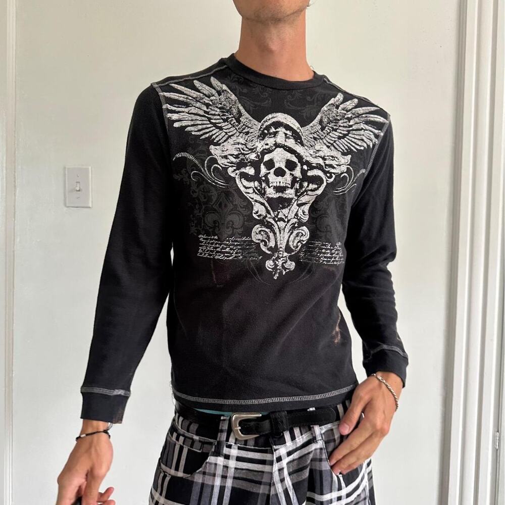 Vintage Y2K 00s Skull Tattoo Black Waffle Knit Thermal Longsleeve Shirt